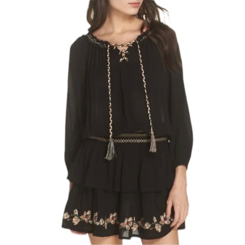 𝅺SURF Gypsy Off Shoulder Embroidered Black Boho Dress Size Small